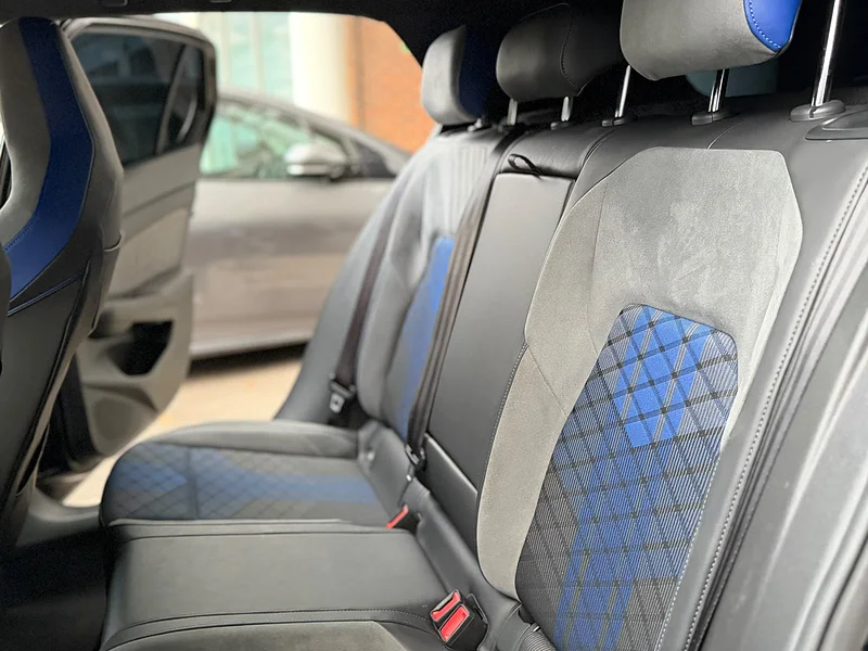 Blue and grey quilted Alcantara rear seats in a Golf R
