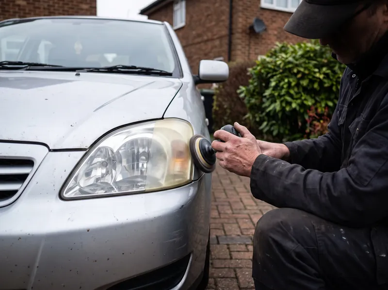 Technician polishing a cloudy headlight on a driveway