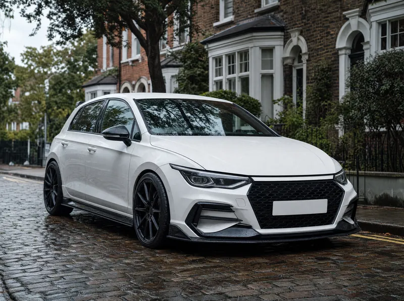 White hatchback with a gloss black body kit on a cobbled London street
