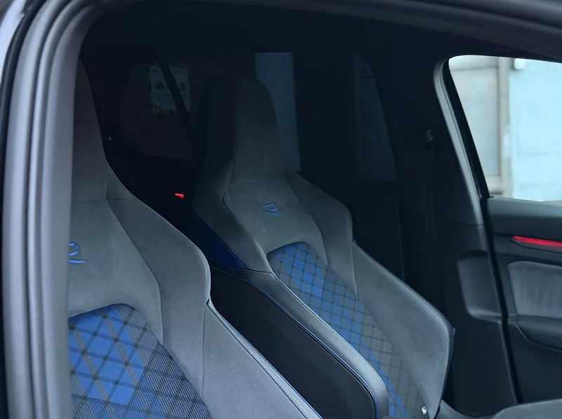 Blue and grey quilted Alcantara front seats in a Golf R