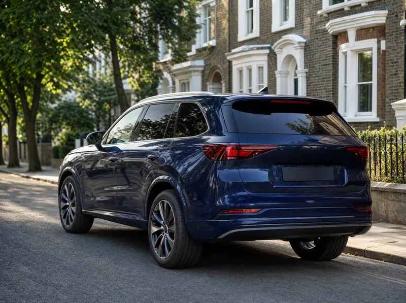 Dark blue SUV with dark privacy tint on its rear windows, parked on a London street
