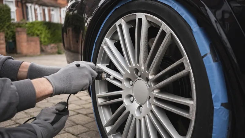 Gloved hands refinishing a kerbed silver alloy wheel, tyre masked off