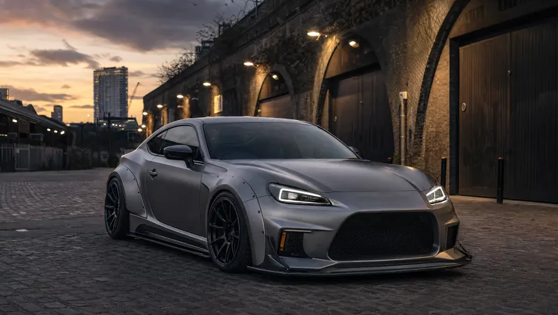 Grey wide-body sports coupe under London railway arches at dusk
