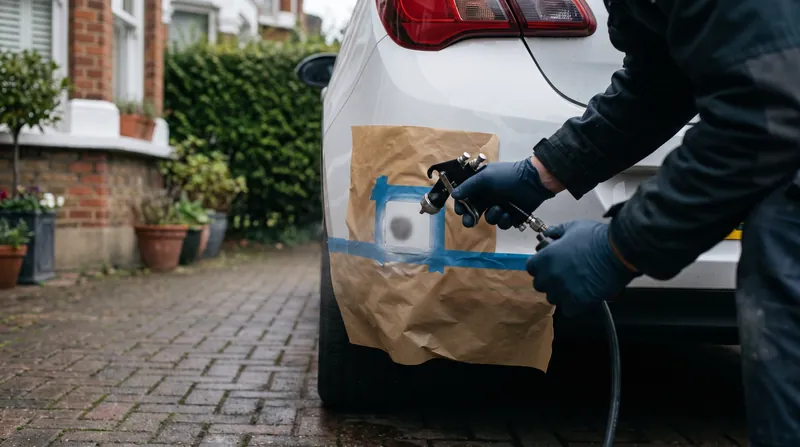 Technician spraying a masked-off scuff on a white bumper