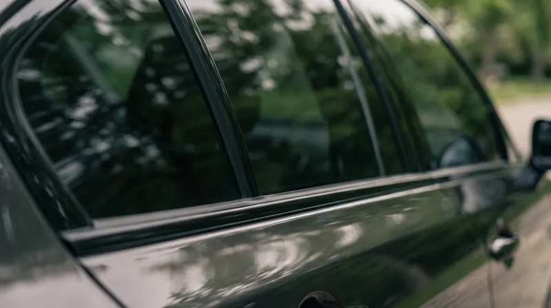 Close-up of smooth, bubble-free dark tint on a car's rear door window